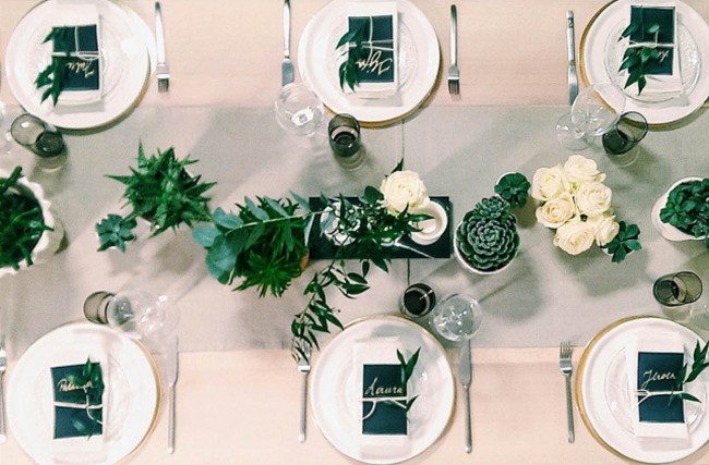 Neutral tablesetting in black, white and gold with succulents //  noglitternoglory.com